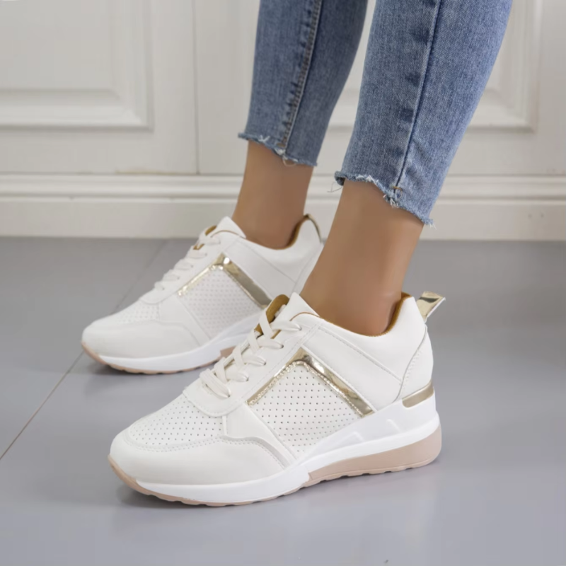 Dames Sneakers Sleehak Geperforeerd Bovenwerk Gouden Detail Veters Lente Zomer
