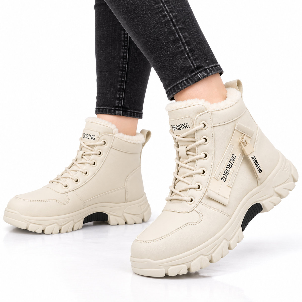 Dames Winterboots Pluche Voering Lederlook Veters Zijrits Platformzool Winter