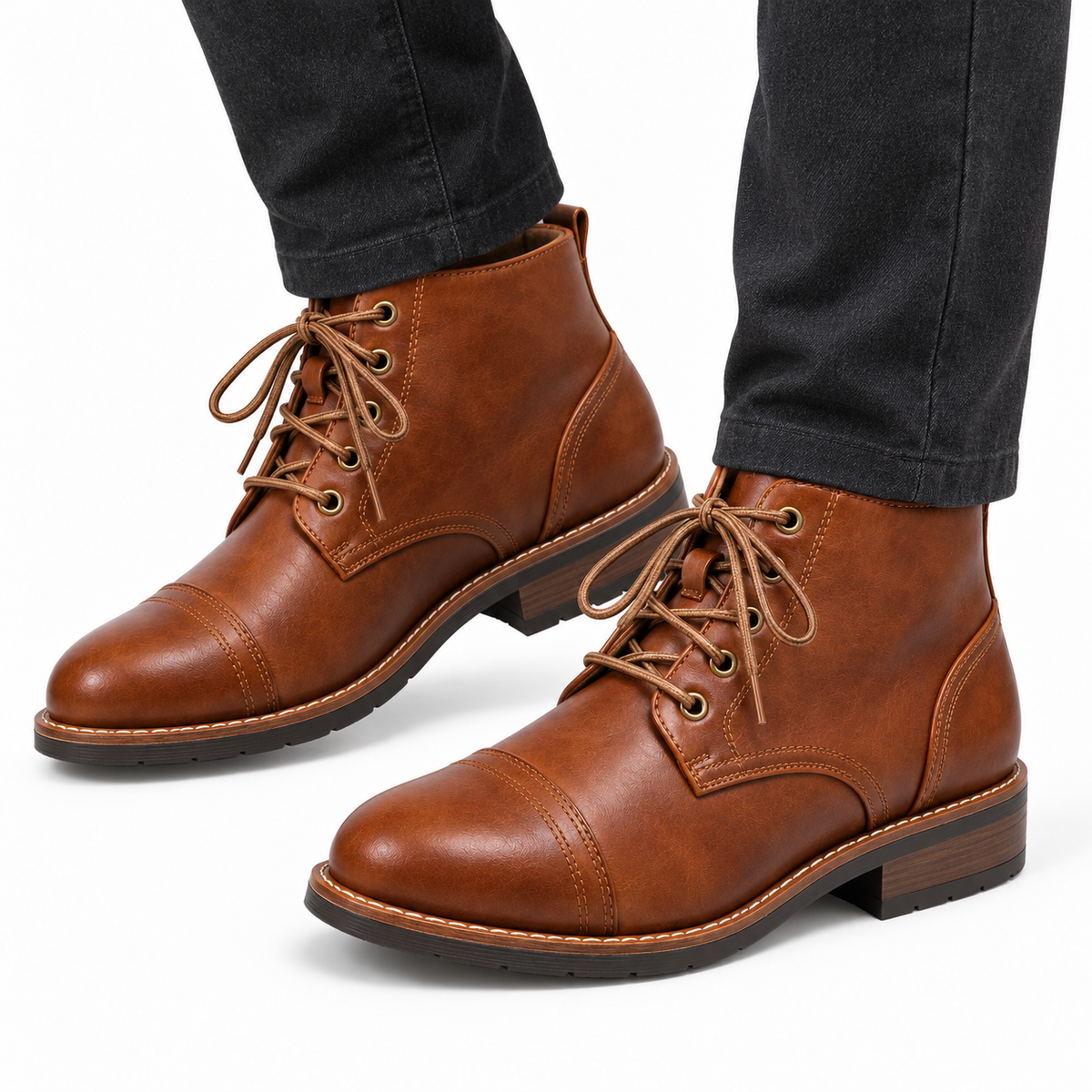Heren Veterboots Enkelhoog Verweerd Leer Veters Gestikte Rand Casual