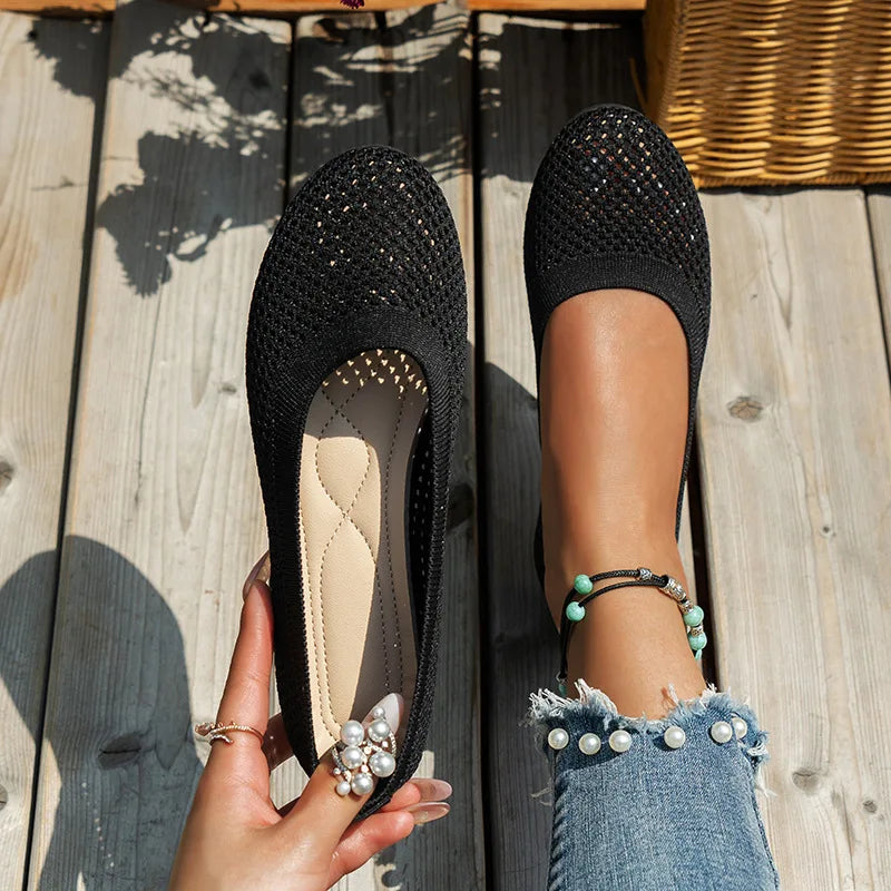 Dames Gebreide Ballerina’s met Ronde Neus – Ademend Instapschoenen in Effen Kleur