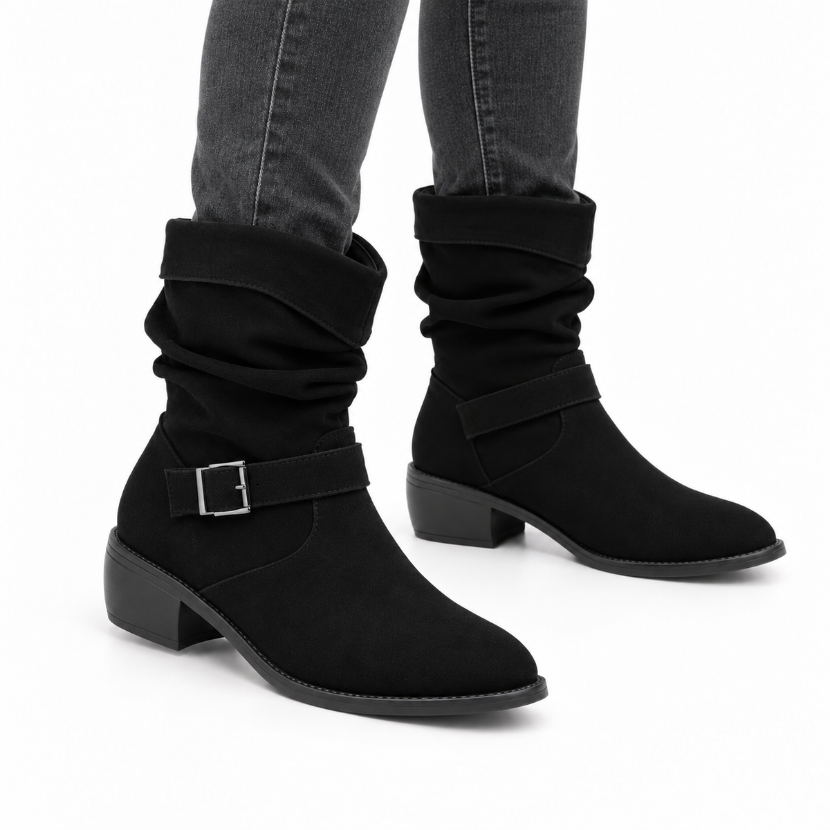Dames Casual Enkellaarsjes Suèdelook Gesp Zijrits Blokhak Herfst Winter