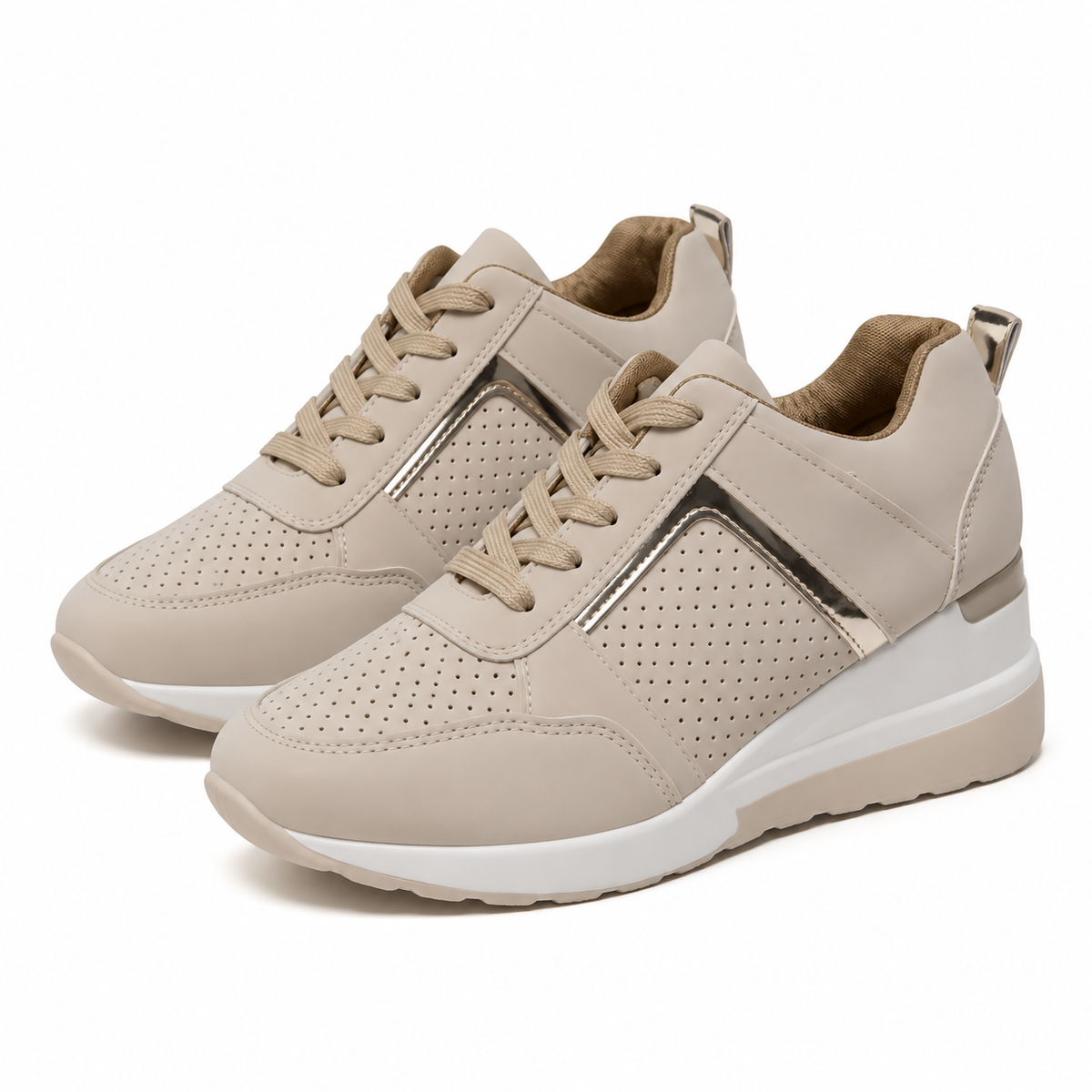 Dames Sneakers Sleehak Geperforeerd Bovenwerk Gouden Detail Veters Lente Zomer