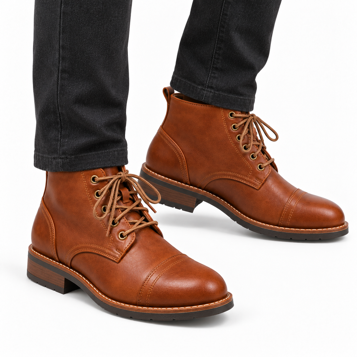 Heren Veterboots Enkelhoog Verweerd Leer Veters Gestikte Rand Casual