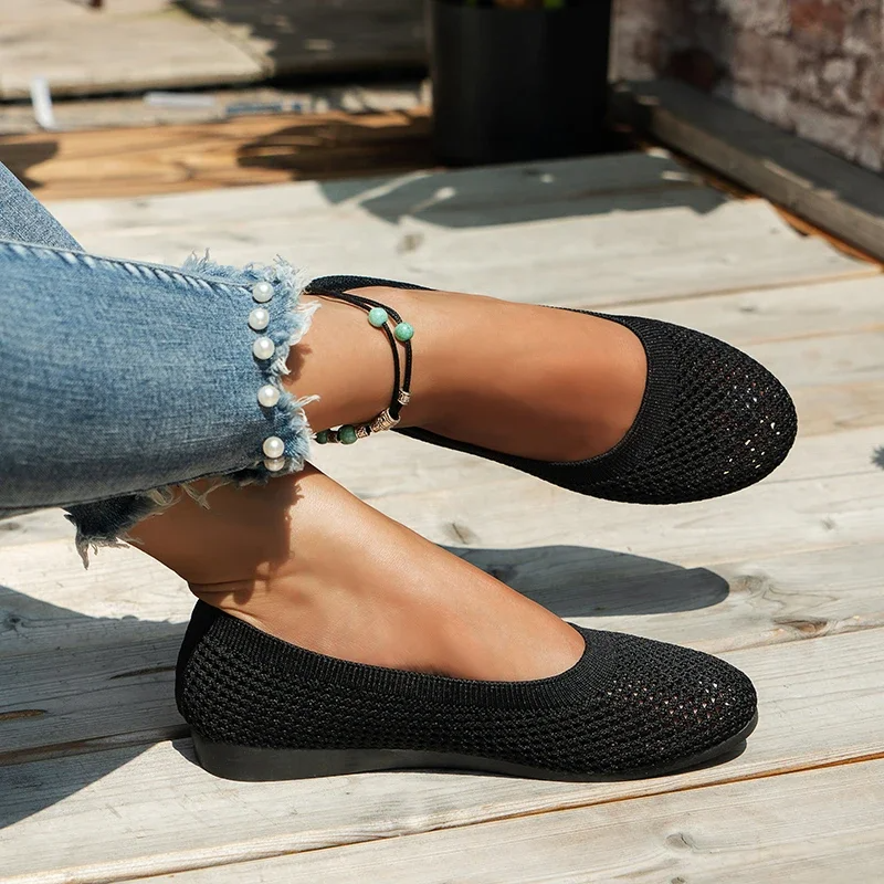 Dames Gebreide Ballerina’s met Ronde Neus – Ademend Instapschoenen in Effen Kleur