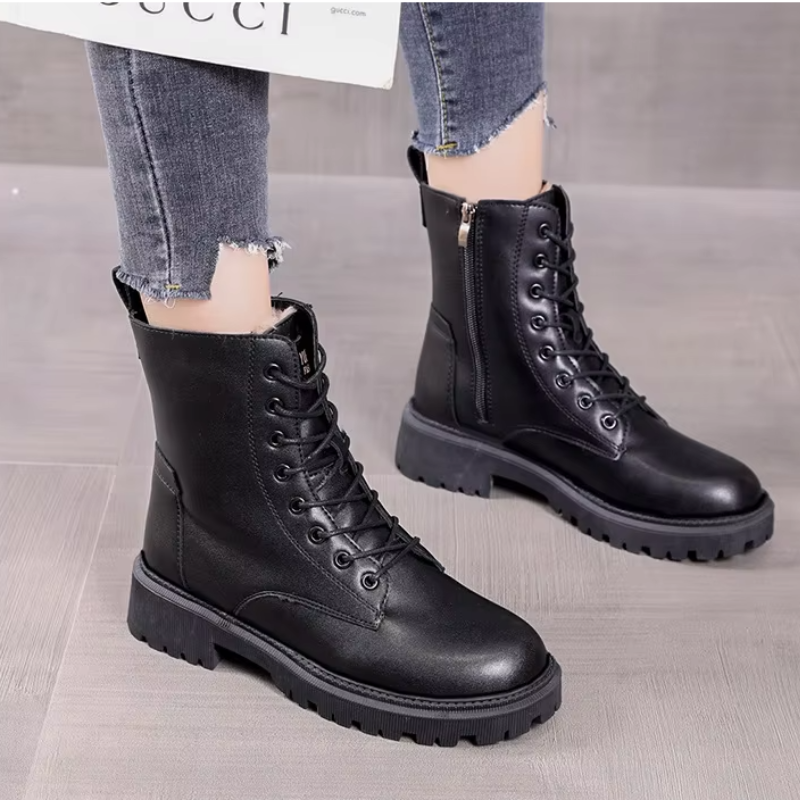 Dames Gevoerde Veterboots Glad Bovenwerk Enkelhoog Grove Profielzool Winter