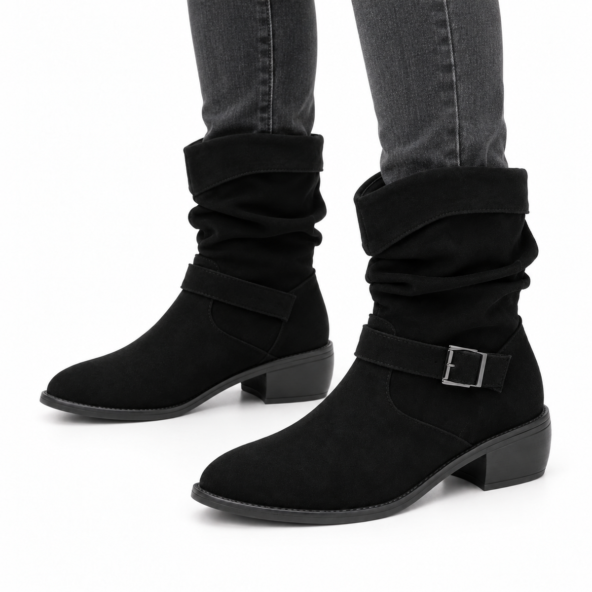 Dames Casual Enkellaarsjes Suèdelook Gesp Zijrits Blokhak Herfst Winter