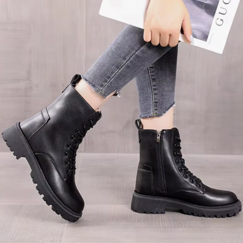 Dames Gevoerde Veterboots Glad Bovenwerk Enkelhoog Grove Profielzool Winter