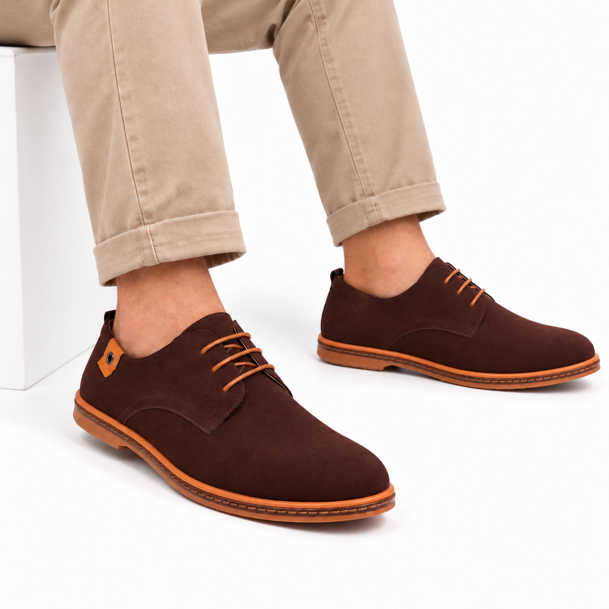 Heren Suède Veterschoenen Derby Lage Hak Gestikte Rand Zakelijk Casual