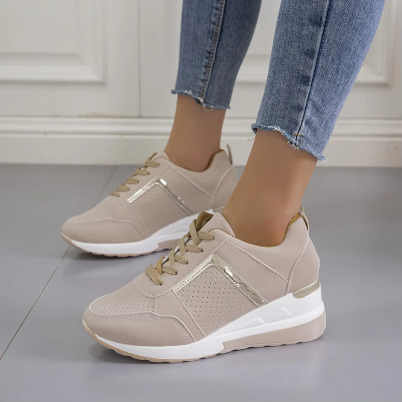 Dames Sneakers Sleehak Geperforeerd Bovenwerk Gouden Detail Veters Lente Zomer