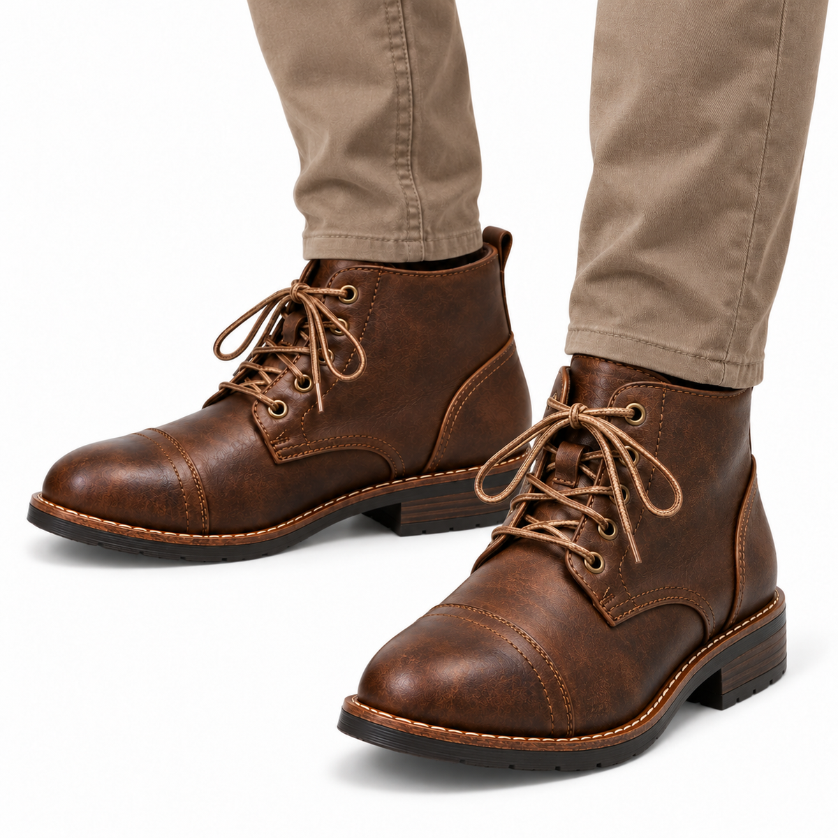 Heren Veterboots Enkelhoog Verweerd Leer Veters Gestikte Rand Casual