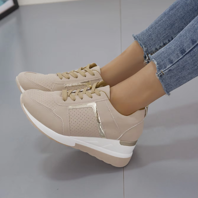 Dames Sneakers Sleehak Geperforeerd Bovenwerk Gouden Detail Veters Lente Zomer
