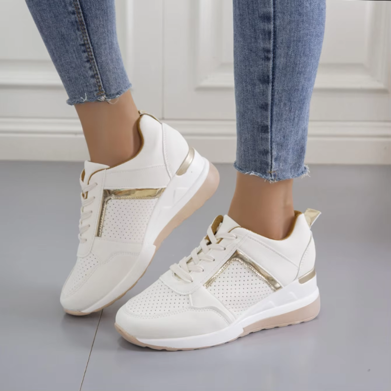 Dames Sneakers Sleehak Geperforeerd Bovenwerk Gouden Detail Veters Lente Zomer