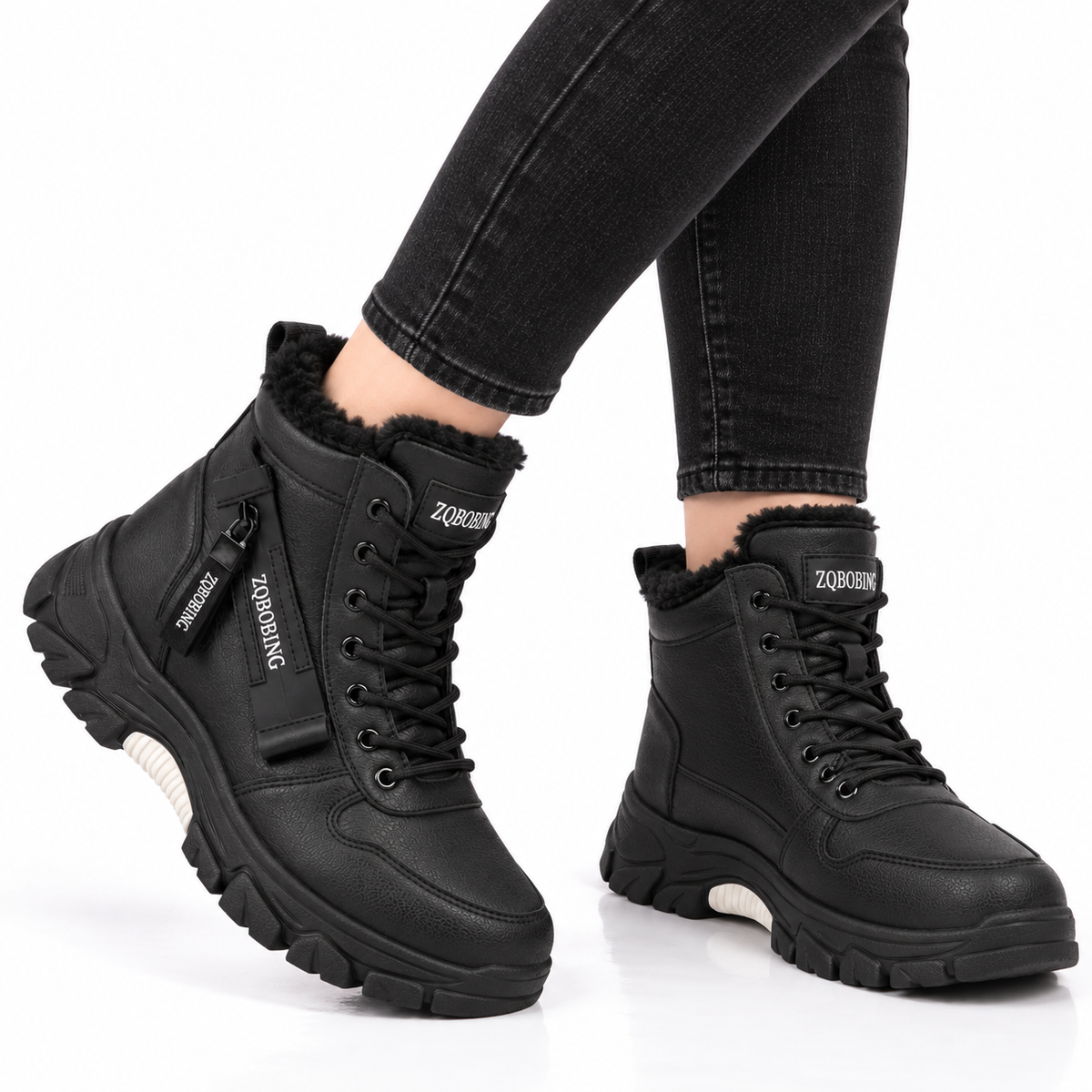 Dames Winterboots Pluche Voering Lederlook Veters Zijrits Platformzool Winter