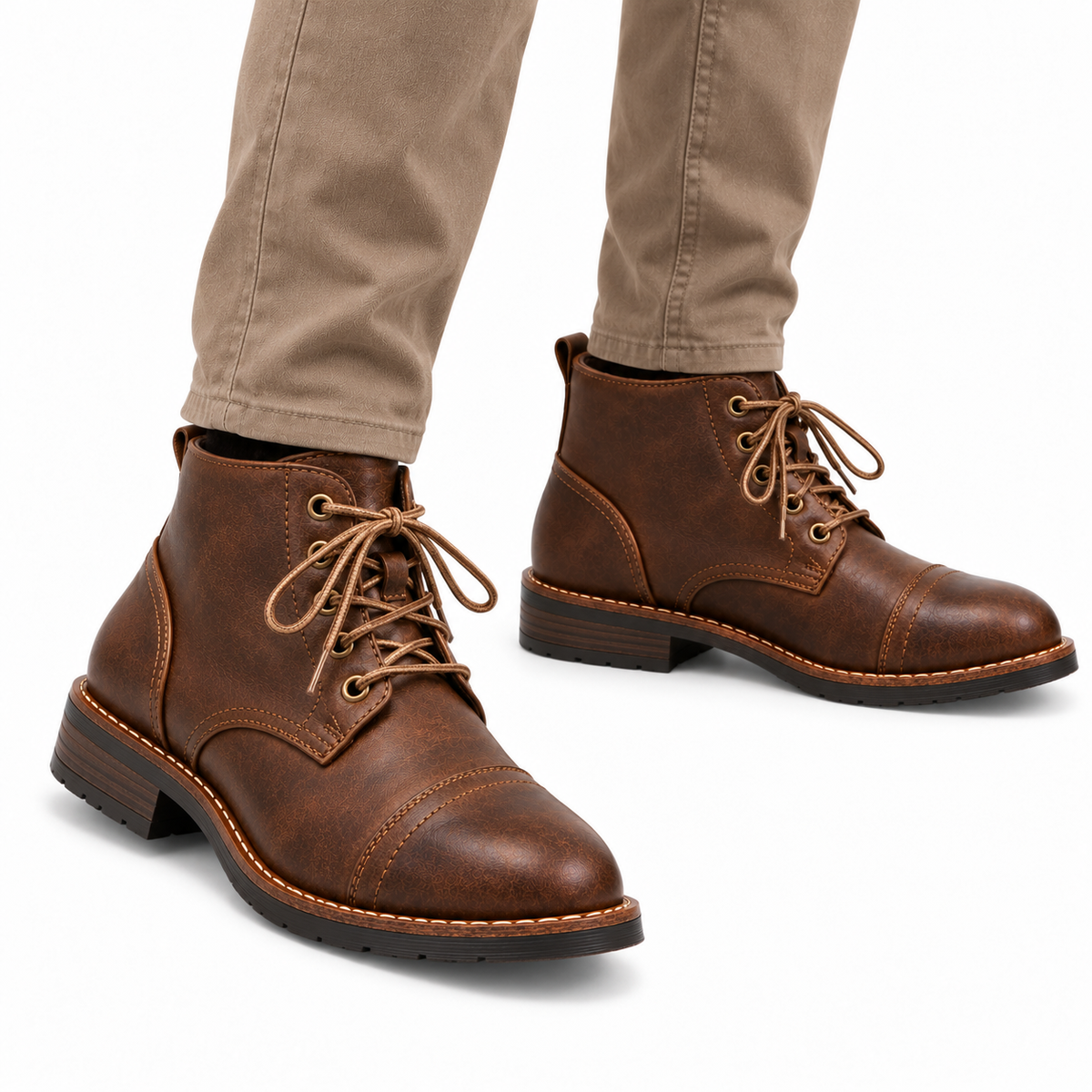 Heren Veterboots Enkelhoog Verweerd Leer Veters Gestikte Rand Casual