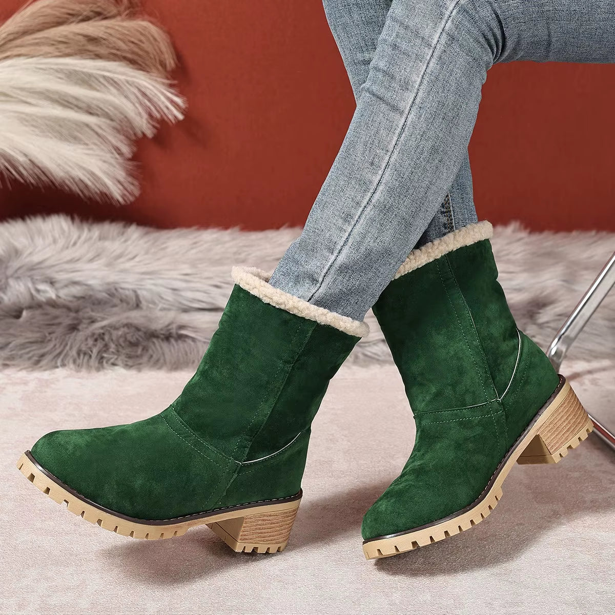 Dames Gevoerde Enkellaarsjes Suède Pluche Rand Blokhak Antislip Winter