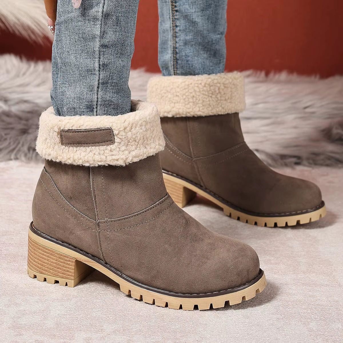 Dames Gevoerde Enkellaarsjes Suède Pluche Rand Blokhak Antislip Winter