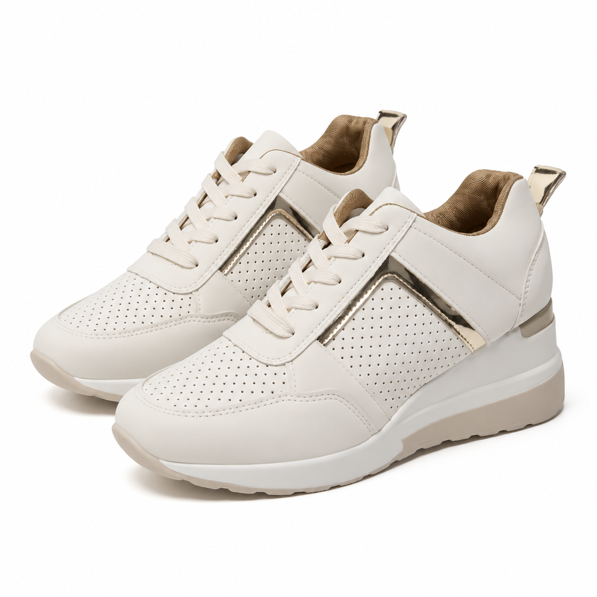 Dames Sneakers Sleehak Geperforeerd Bovenwerk Gouden Detail Veters Lente Zomer