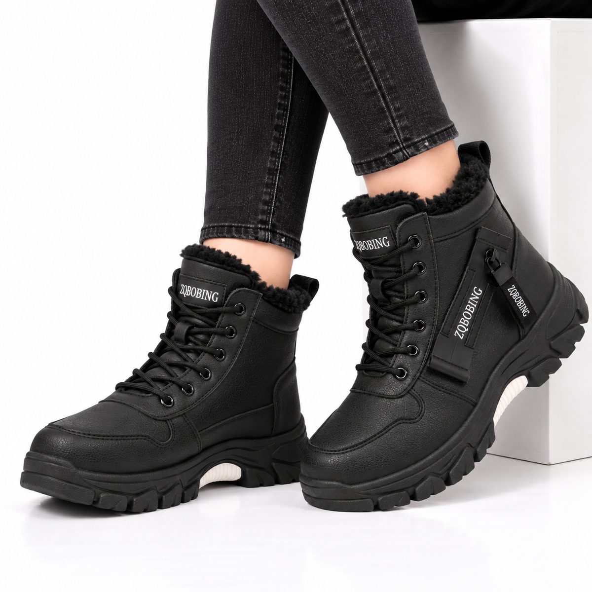 Dames Winterboots Pluche Voering Lederlook Veters Zijrits Platformzool Winter