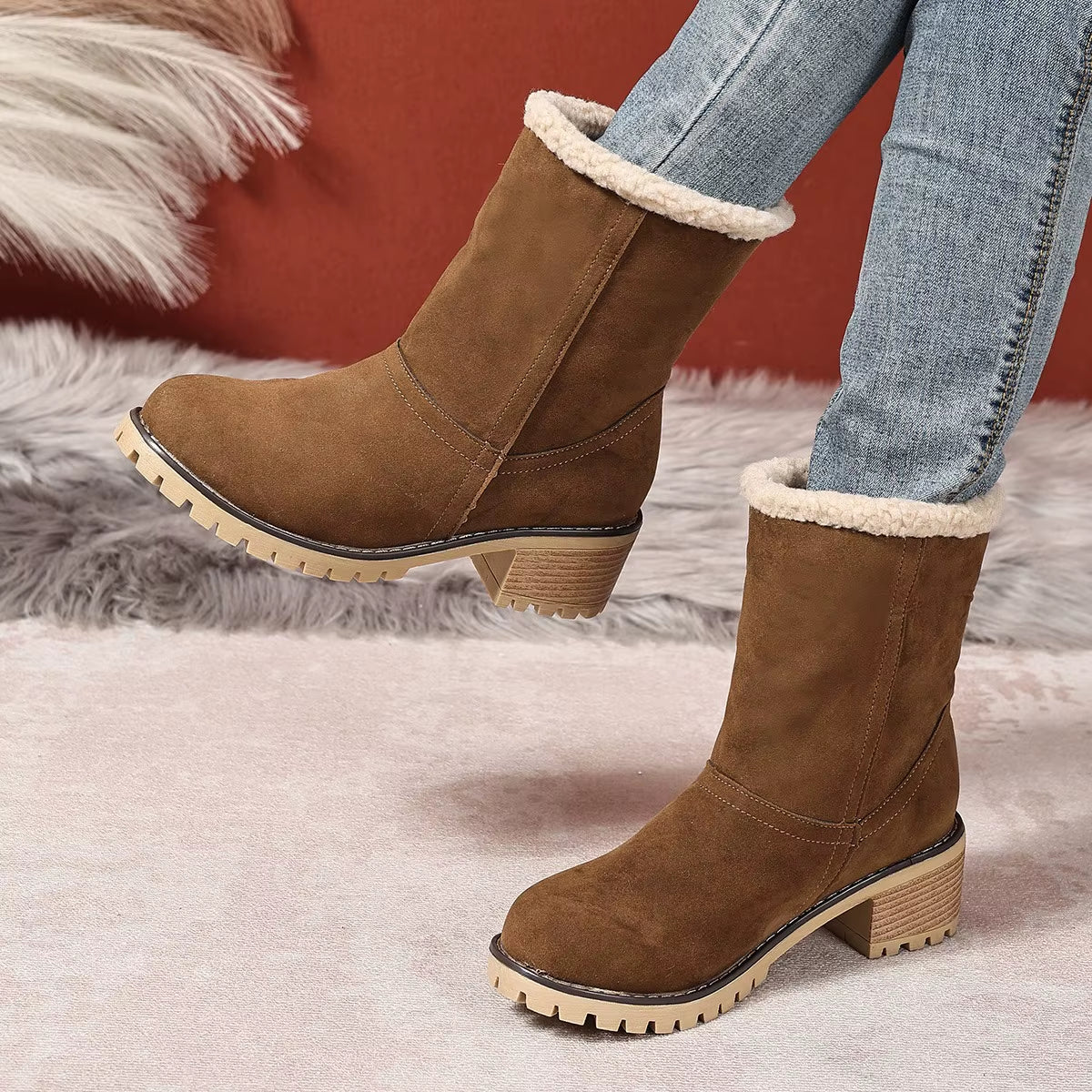 Dames Gevoerde Enkellaarsjes Suède Pluche Rand Blokhak Antislip Winter