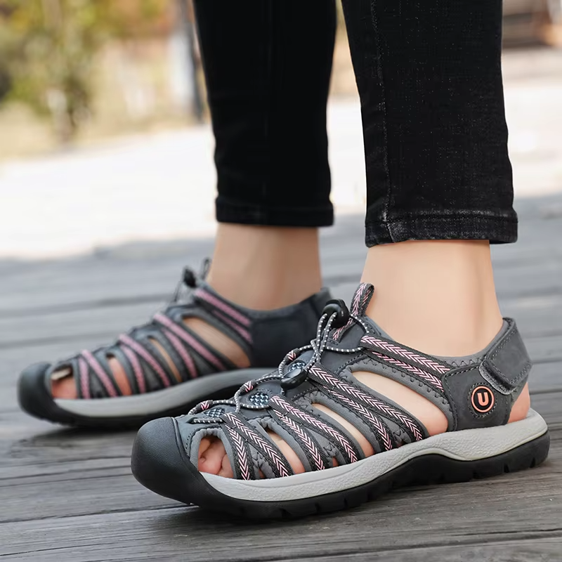 Dames Sandalen Leer Lichtgewicht Antislip Dempende Zool Verstelbare Klittenband Zomer Strand