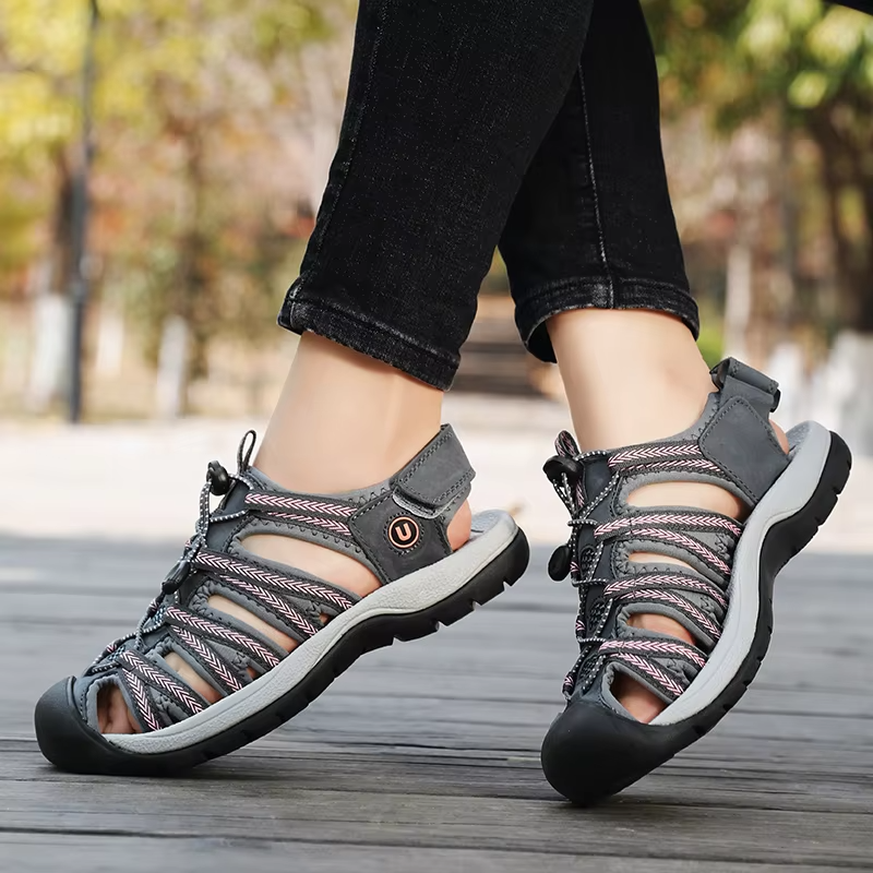 Dames Sandalen Leer Lichtgewicht Antislip Dempende Zool Verstelbare Klittenband Zomer Strand