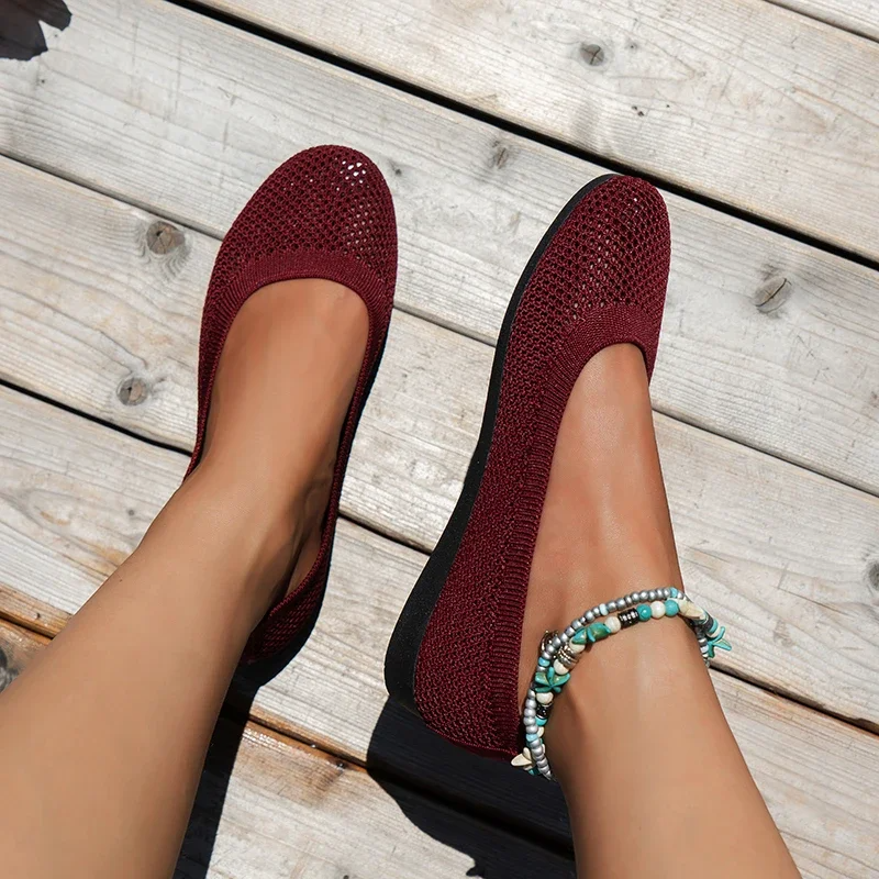 Dames Gebreide Ballerina’s met Ronde Neus – Ademend Instapschoenen in Effen Kleur