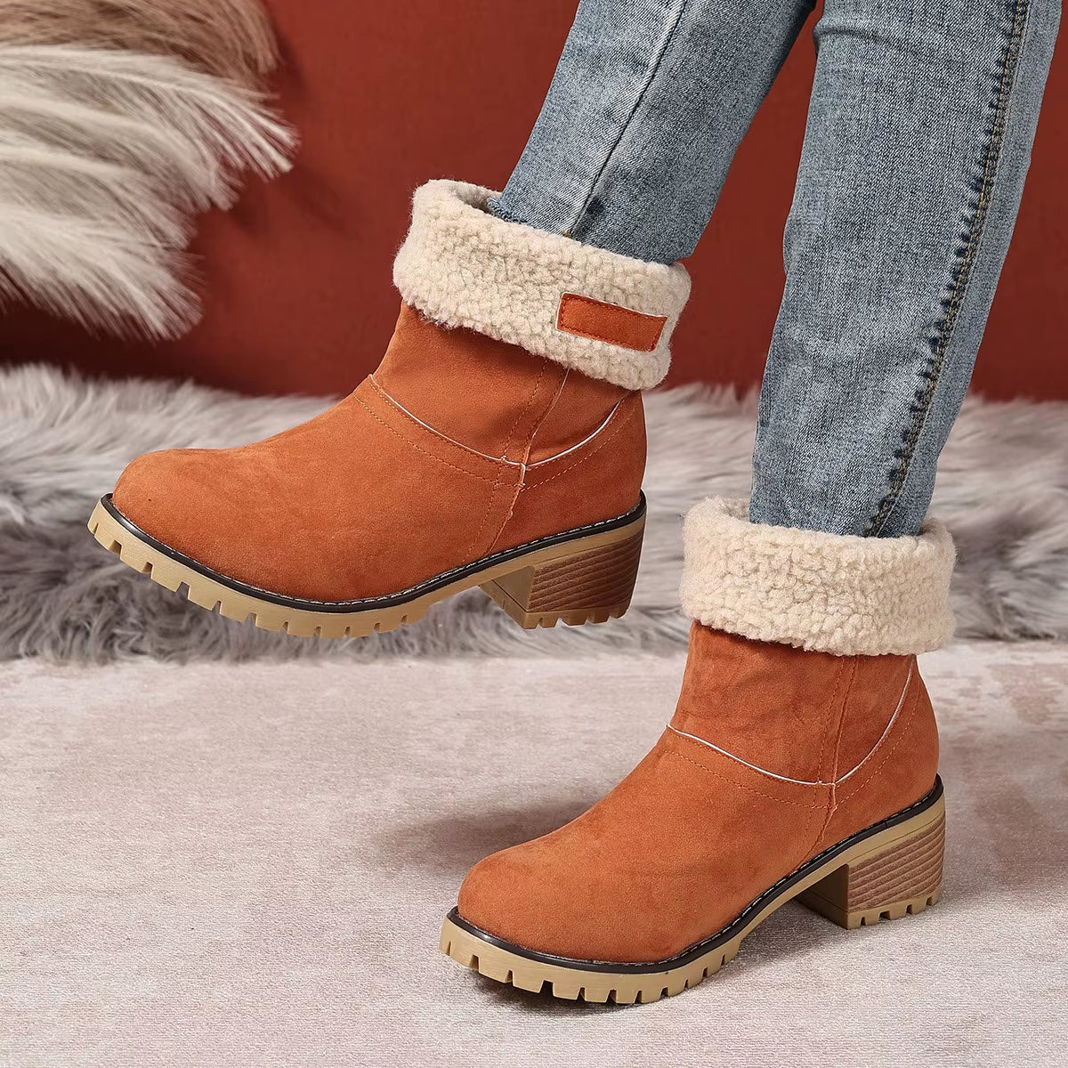 Dames Gevoerde Enkellaarsjes Suède Pluche Rand Blokhak Antislip Winter